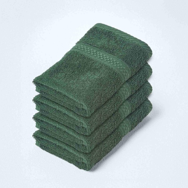 Homescapes Turkish Cotton Face Cloth - Set of 4, Dark Green