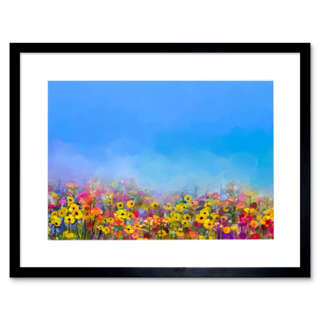 "Colourful Field of Wildflowers Floral Spring Painting 9x7"" Black Framed Wall Art Print"