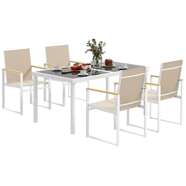 Outsunny 5 Piece Garden Table and Chairs, Outdoor Dining Set with Tempered Glass Table Top, 4 Armchairs with High Backrest, 4 Seater Garden Furniture Set for Deck, Balcony Cream 1