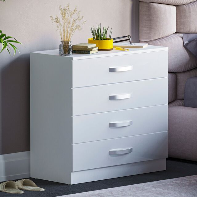 Vida Designs Hulio 4 Drawer Chest of Drawers High Gloss Bedroom Storage, White