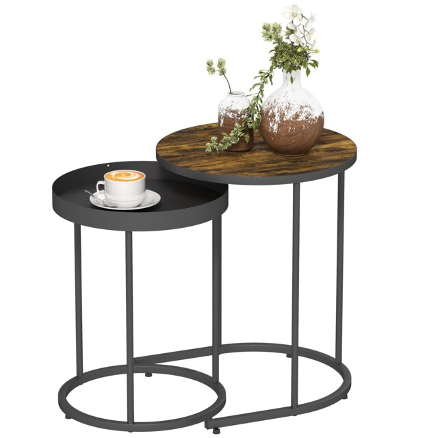 HOMCOM Nesting Side Table Set of 2, Industrial Round Nest of Tables, Brown Brown