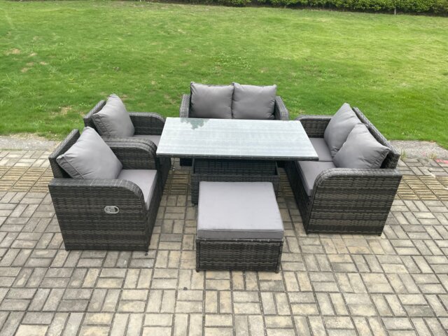 Fimous Rattan Furniture Outdoor Garden Dining Set Patio Height Adjustable Rising lifting Table Love Sofa Chair With Big Footstool