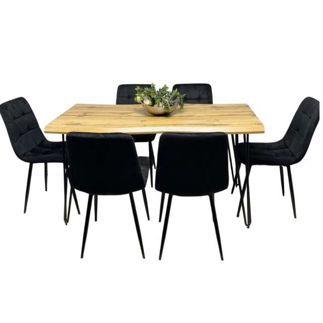 Wooden Dining Table and 6 Black Velvet Chairs - Stylish Dining Room Furniture