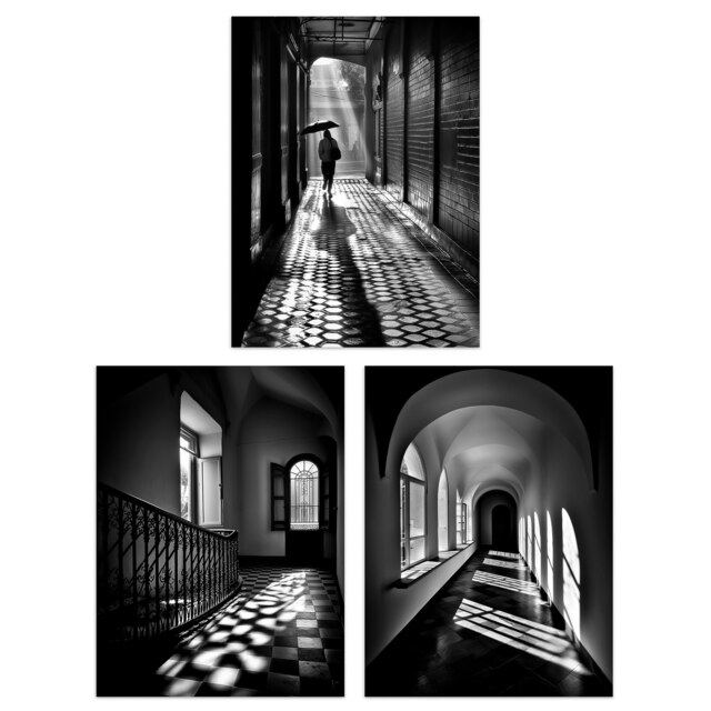 Set of 3 Shadows Light Black White Photographs Geometric Corridors Wall Art Print A4