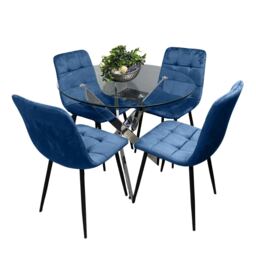 Dining Table and 4 Chairs Round Glass Table 4 Blue Velvet Chairs Dining Set