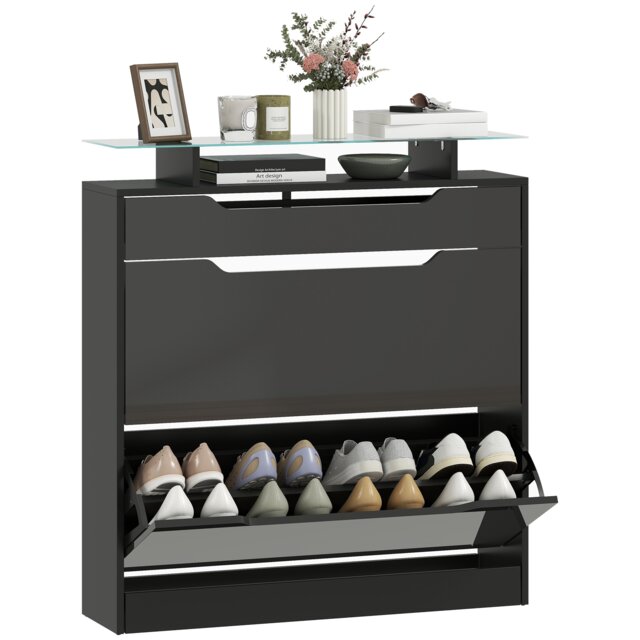 HOMCOM Shoe Cabinet with 3 Drawers, High Gloss Front Panels, Glass Top Black Black