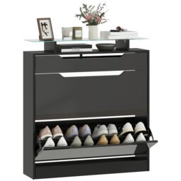 HOMCOM Shoe Cabinet with 3 Drawers, High Gloss Front Panels, Glass Top Black Black