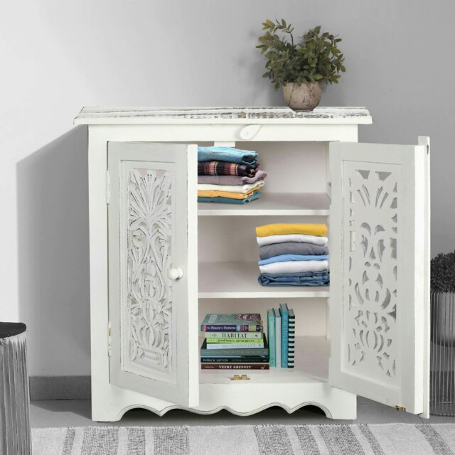 Topfurnishing Natural Hand Made Indian Mango Wood Shoe Cupboard Unit Cabinet 59 x 36.5 x 61 cm