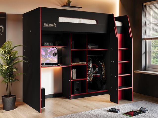 Recoil Summit Gaming High Sleeper with Wardrobe Black & Red