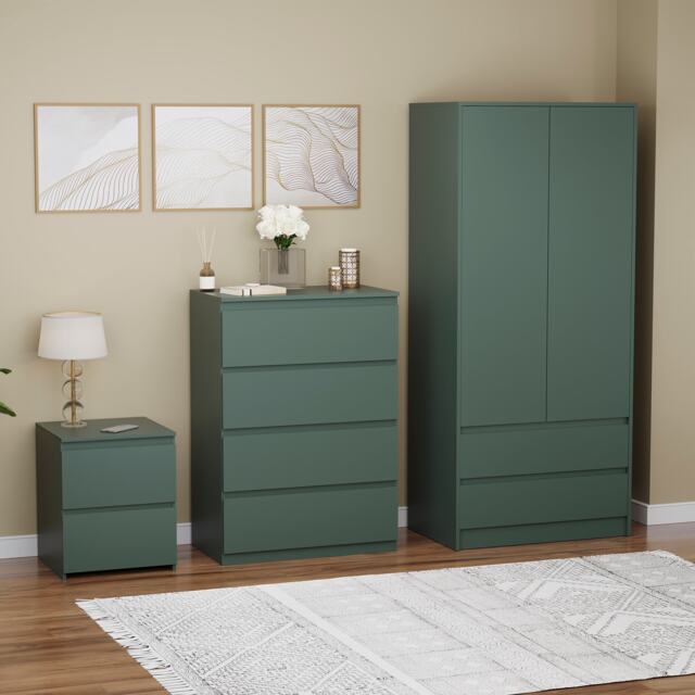 Vida Designs Denver 3 Piece Bedroom Set (2 Drawer Large Bedside Chest, 4 Drawer Chest, 2 Door 2 Drawer Wardrobe), Green Green Green L 3