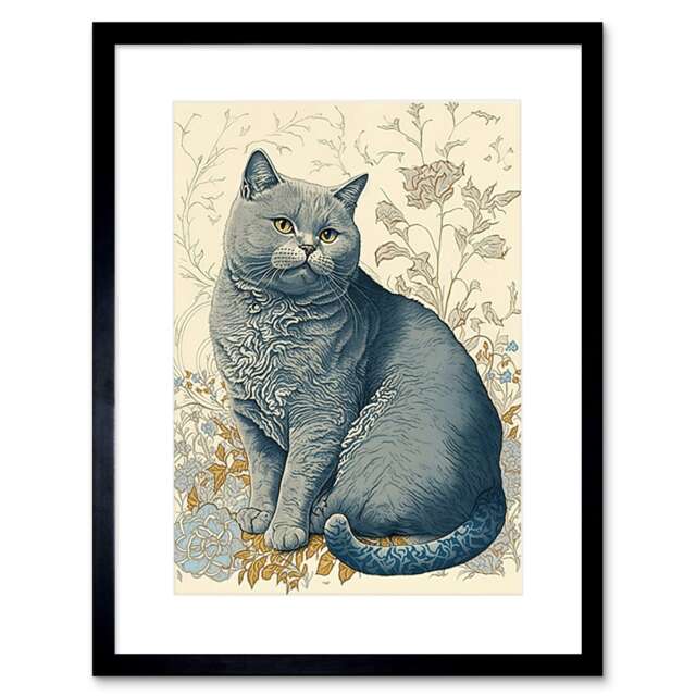 "William Morris Style Cat Portrait Flowers Modern 9x7"" Black Framed Wall Art Print"