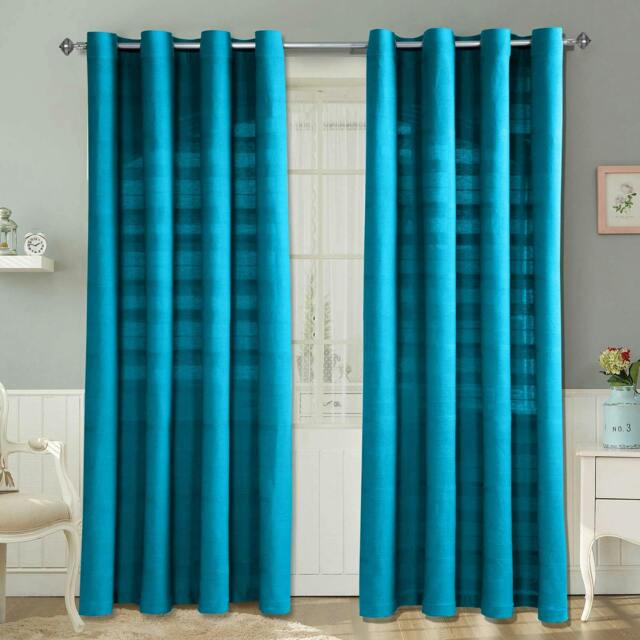 Homescapes Cotton Rajput Ribbed Teal Curtain Pair - 66 x 54 Inches Drop
