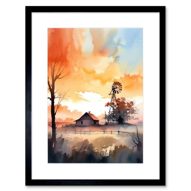 "Sunrise Clouds Countryside Farmhouse Cabin Old Windmill 9x7"" Black Framed Wall Art Print"