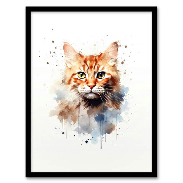 Cat Ginger Orange Watercolour Pet Portrait Black Framed Wall Art Print A4