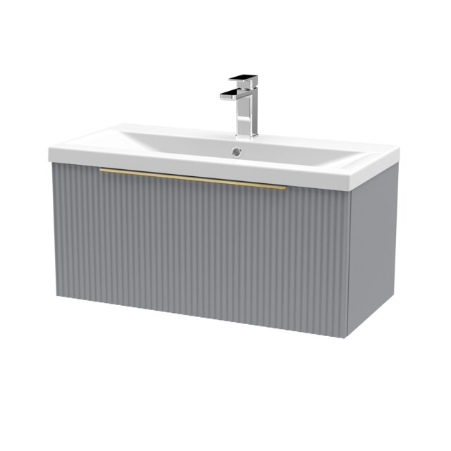 Balterley Fluted Front Wall Hung 1-Drawer Bathroom Vanity Unit with 1 Tap Hole Basin, Handles Grey Satin Grey