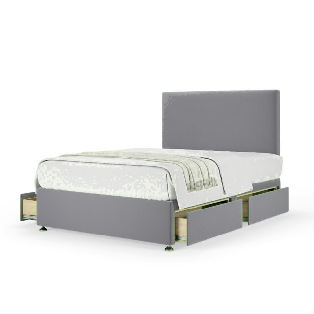 Silver Plush Velvet 4 Drawer Divan Base and Valencia Headboard Super King