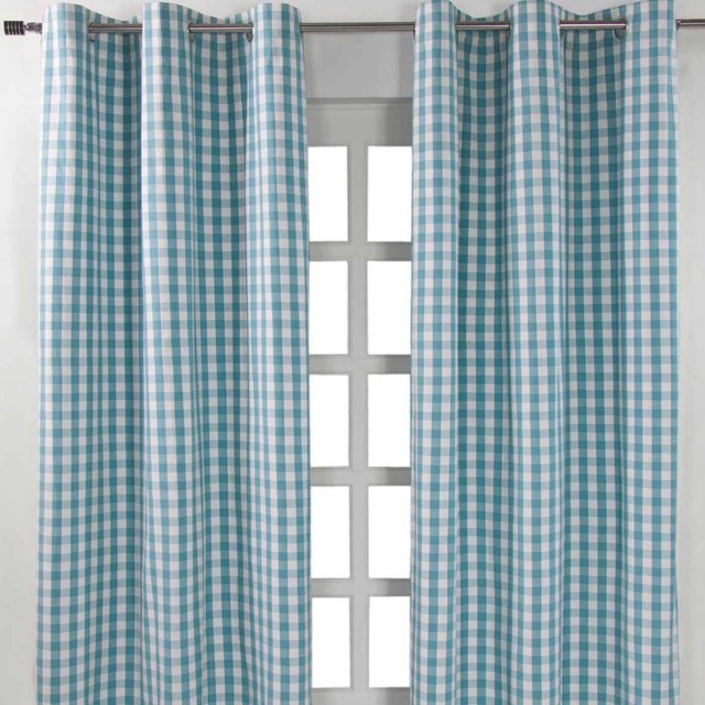 Homescapes Cotton Block Check Gingham Eyelet Curtains - 117 x 137 cm Blue Blue
