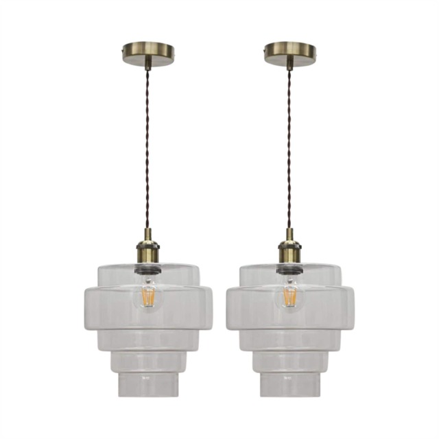 Set of 2 Benson - 5 Tier Glass & Antique Brass Ceiling Pendant Lights