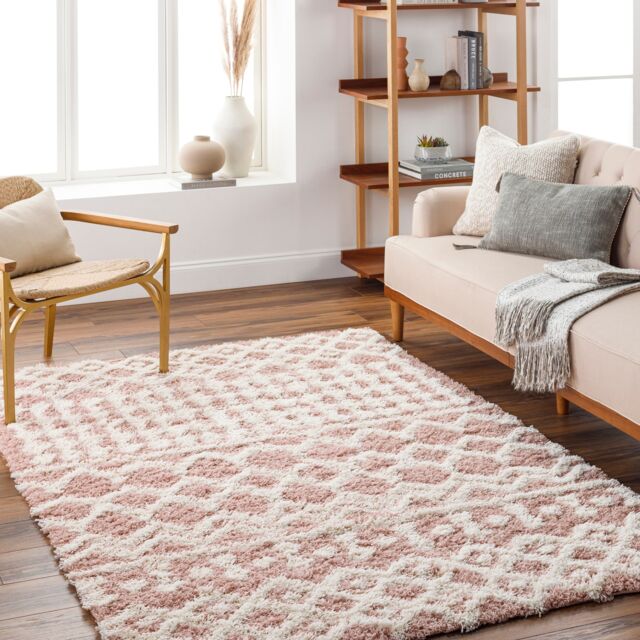 LIVABLISS Urban Shaggy-Geometric Soft Plush Pile Rug 130 x 170 cm Pink White