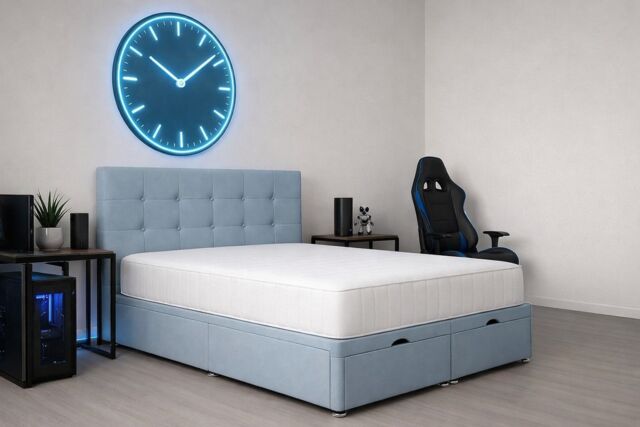 Ottoman Sky Blue Plush 5ft Kingsize Storage Bed Set with Headboard and Mattress