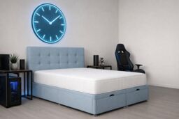 Ottoman Sky Blue Plush 5ft Kingsize Storage Bed Set with Headboard and Mattress