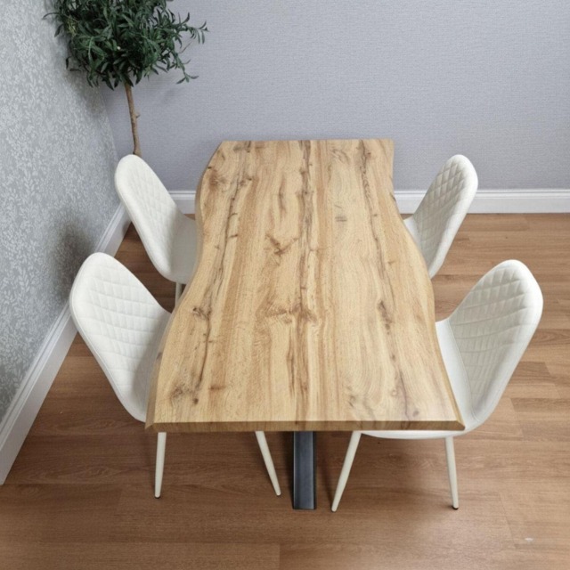 Modern Dining Table with 4 White Gem pattern Faux Leather Chairs Kitchen Furniture