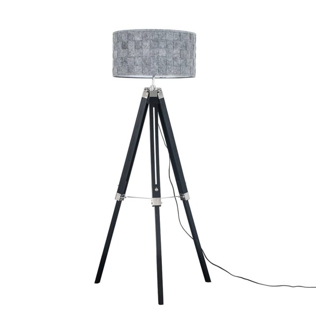 ValueLights Clipper Black Tripod Floor Lamp Grey Monza Shade and Bulb