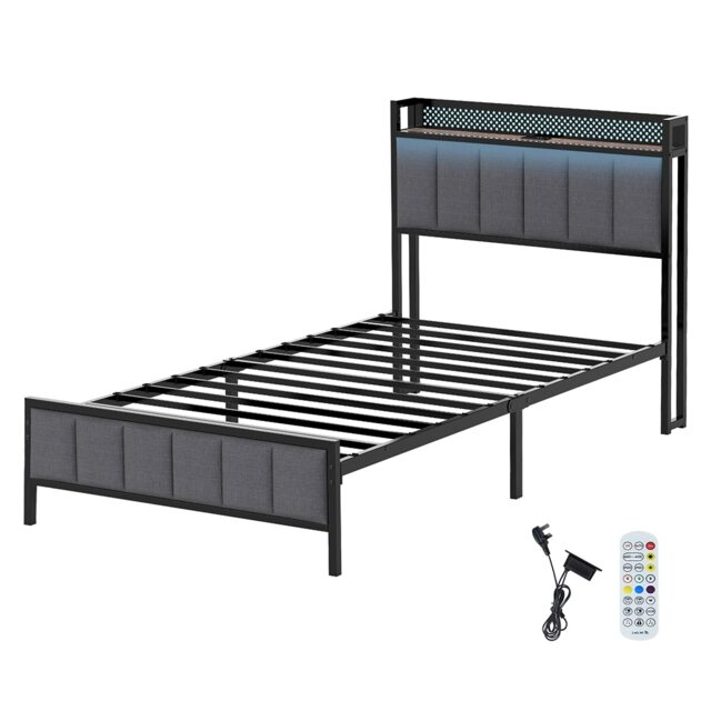 Levede Single Bed Frame Upholstered Headboard Metal Base LED USB Lights Grey Single Single