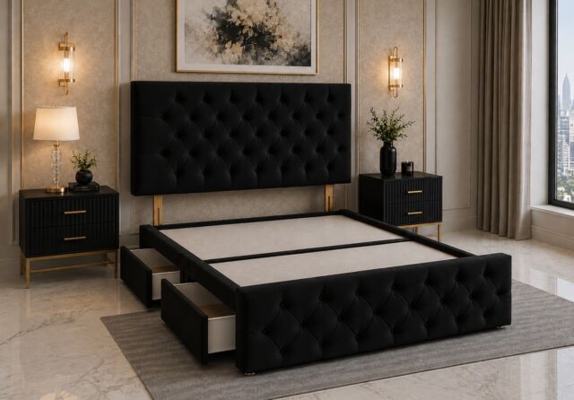 Brooklyn Divan Bed with Upholstered Headboard & Footboard Base - Double Black Plush No Storage