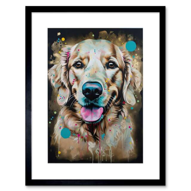 "Happy Smiling Golden Retriever Dog Portrait 9x7"" Black Framed Wall Art Print"