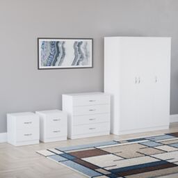 Vida Designs Riano 4 Piece Bedroom Set (2x 2 Drawer Bedside Chest, 4 Drawer Chest, 3 Door Wardrobe) - White