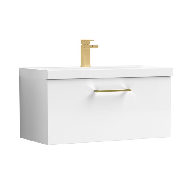 Balterley Wall Hung Bathroom 1 Drawer Vanity Unit and 1 Tap Hole Ceramic Basin, with Handle White Gloss White