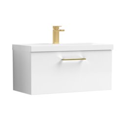 Balterley Wall Hung Bathroom 1 Drawer Vanity Unit and 1 Tap Hole Ceramic Basin, with Handle White Gloss White