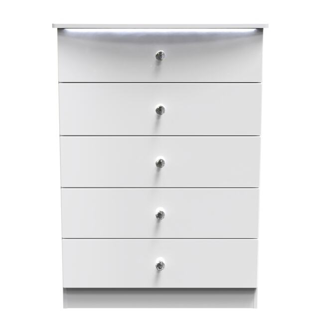 Broadway 5 Drawer Chest of Drawers in White Gloss & White (Ready Assembled) White White Gloss & White