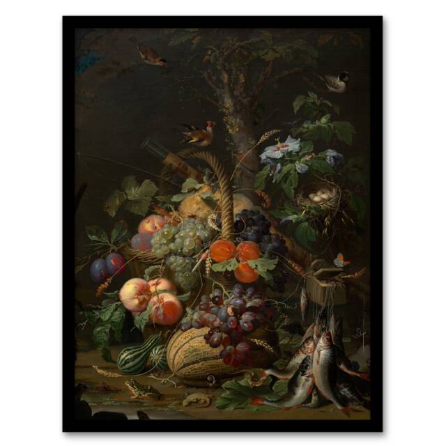 "Still Life with Fruit Fish and a Nest Mignon Framed Wall Art Print 12X16"""