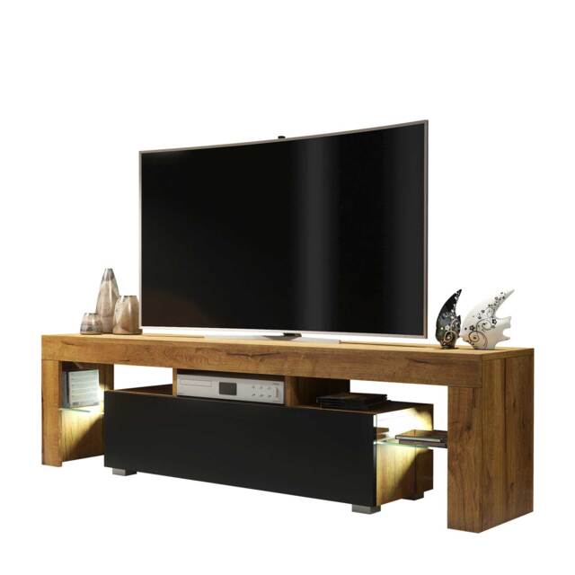 TV Unit TV Stand Oak Black LED Media Console Storage Cabinet Glass Shelves 160cm