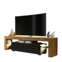 TV Unit TV Stand Oak Black LED Media Console Storage Cabinet Glass Shelves 160cm