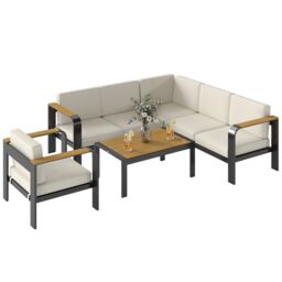 Outsunny Garden Furniture Set with L-Shaped Sofa, Armchair and Table Grey Beige Five Plus Seater
