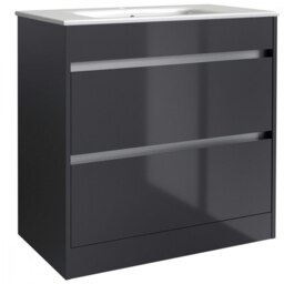 Bathroom 2-Drawer Floor Standing Vanity Unit with Basin 800mm Wide - Storm Grey Gloss - (Urban) - Brassware Not Included Grey Grey 1