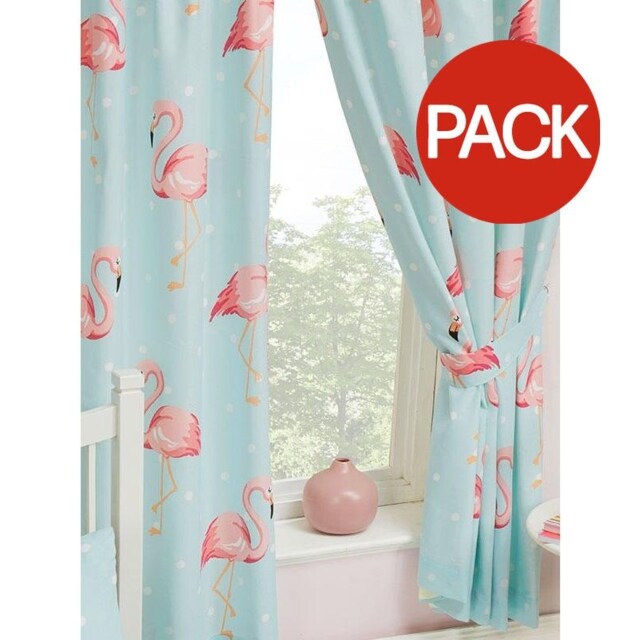 Fifi Lined Flamingo Curtains (Pack of 2) - Pale Turquoise - 138cm x 168cm Blue