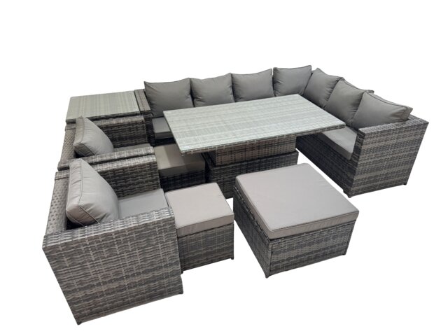 Fimous 11 Seater Rattan Height Adjustable Rising Lifting Table Corner Sofa Sets with 2 Chairs 3 Stool Side Table Dark Grey Mixed