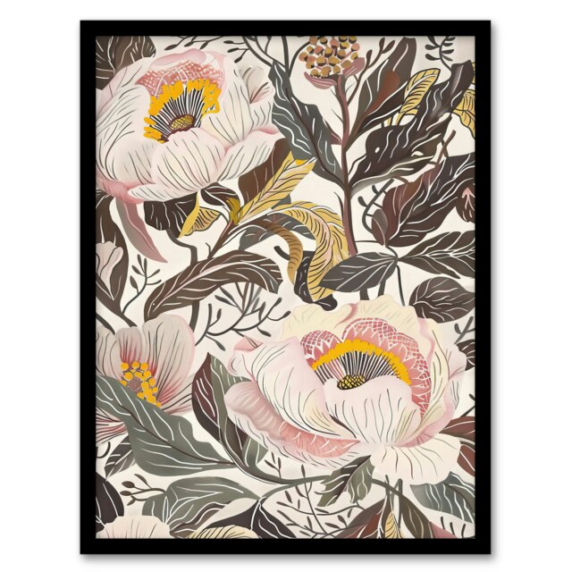 Blooming Pink Peonies Elegant Floral Black Framed Wall Art Print A4