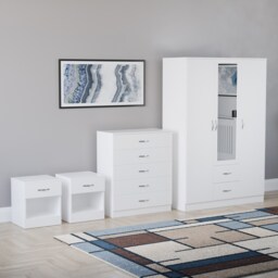 Vida Designs Riano 4 Piece Bedroom Set (2x 1 Drawer Bedside Chest, 5 Drawer Chest, 3 Door 2 Drawer Mirrored Wardrobe) - White