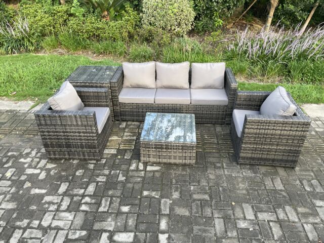 Fimous Outdoor Lounge Sofa Set Wicker PE Rattan Garden Furniture Set with 2 Armchairs Side Table Square Coffee Table Dark Grey Mixed