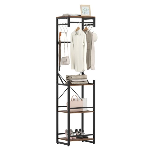 COSTWAY Freestanding Coat Rack Slim Hall Tree with 4 Storage Shelves Brown