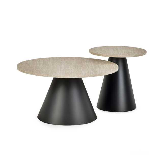 Torrance Modern Travertine Effect Coffee and Lamp Table Set in Travertine Effect and Black
