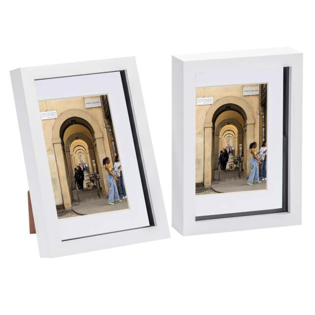 "Nicola Spring A5 (6 x 8"") Photo Frames - White/White Mount - 3D Picture Frame Box Portrait Display Case (23.5 x 17cm) Set of 2"