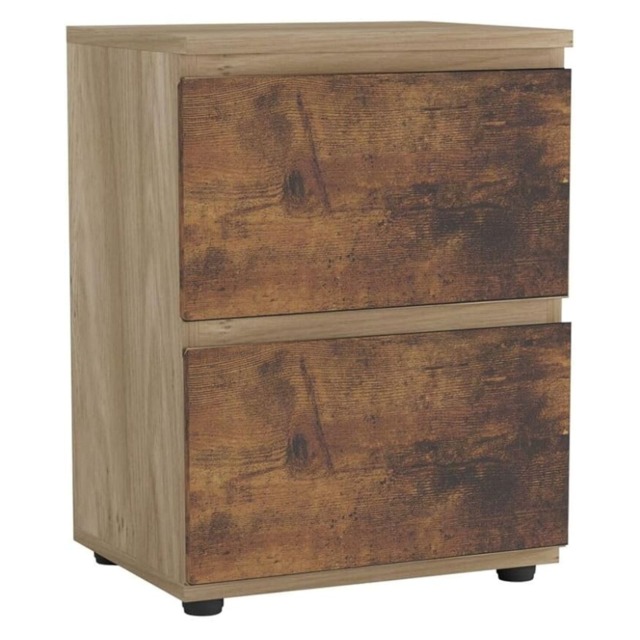URBNLIVING 2 Drawer Bedside Cabinet Handle Free Nightstand Multi Oak Carcass + Rustic Brown Drawers 1