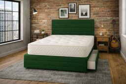 Divan Bed Set Headboard and Footboard with Mattress 4ft6 Double Dark Green Suede Storage No Drawers