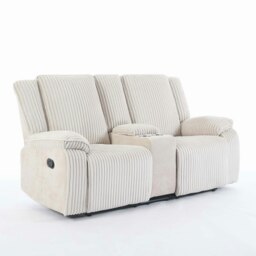 Verona 2 Seater Jumbo Cord Manual Recliner Sofa w Drinks Console Cream One Size